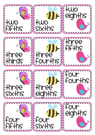 two
fifths
two
sixths
two
eighths
three
thirds
three
fourths
three
fifths
three
sixths
three
eighths
four
fourths
four
fifths
four
sixths
four
eighths
 