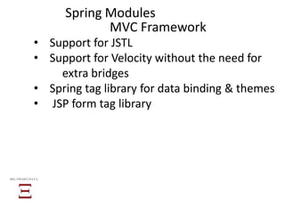• Support for JSTL
• Support for Velocity without the need for
extra bridges
• Spring tag library for data binding & themes
• JSP form tag library
BIG SMART DATA
MVC Framework
Spring Modules
 
