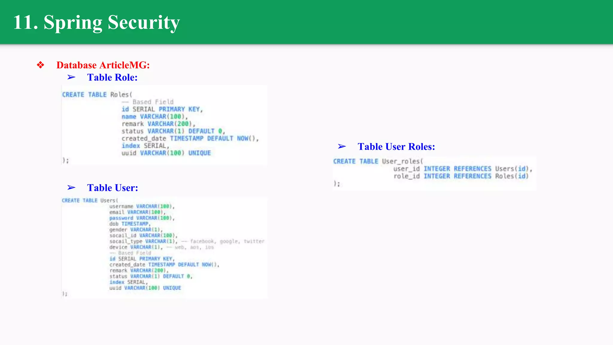 11. Spring Security
❖ Database ArticleMG:
➢ Table Role:
➢ Table User:
➢ Table User Roles:
 