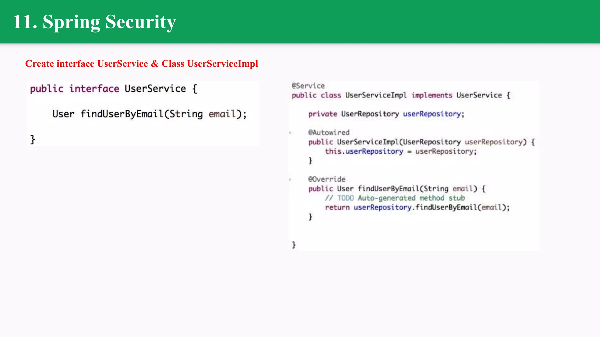 11. Spring Security
Create interface UserService & Class UserServiceImpl
 