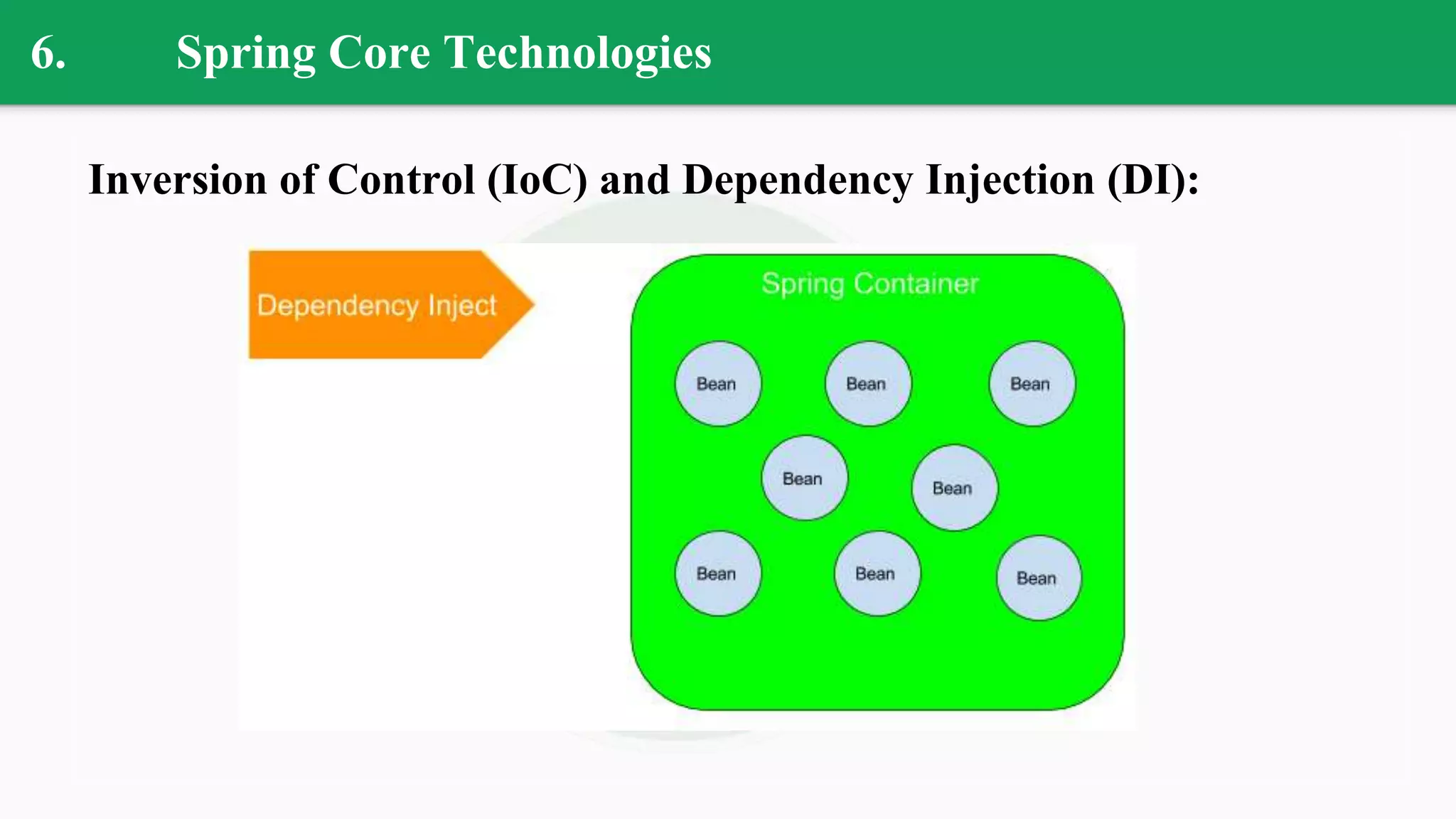 6. Spring Core Technologies
Inversion of Control (IoC) and Dependency Injection (DI):
 