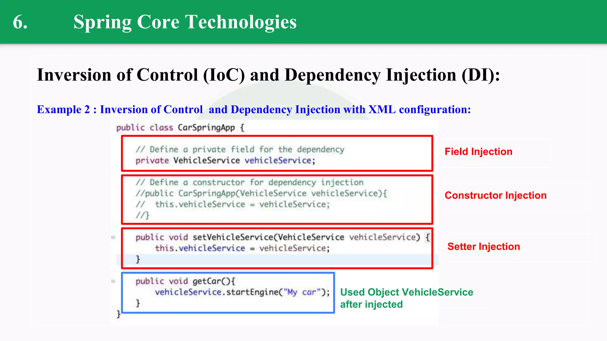 6. Spring Core Technologies
Inversion of Control (IoC) and Dependency Injection (DI):
Example 2 : Inversion of Control and Dependency Injection with XML configuration:
Field Injection
Constructor Injection
Setter Injection
Used Object VehicleService
after injected
 