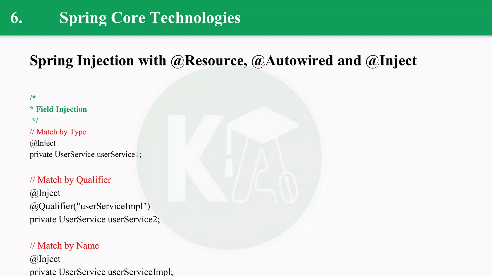 6. Spring Core Technologies
Spring Injection with @Resource, @Autowired and @Inject
/*
* Field Injection
*/
// Match by Type
@Inject
private UserService userService1;
// Match by Qualifier
@Inject
@Qualifier("userServiceImpl")
private UserService userService2;
// Match by Name
@Inject
private UserService userServiceImpl;
 