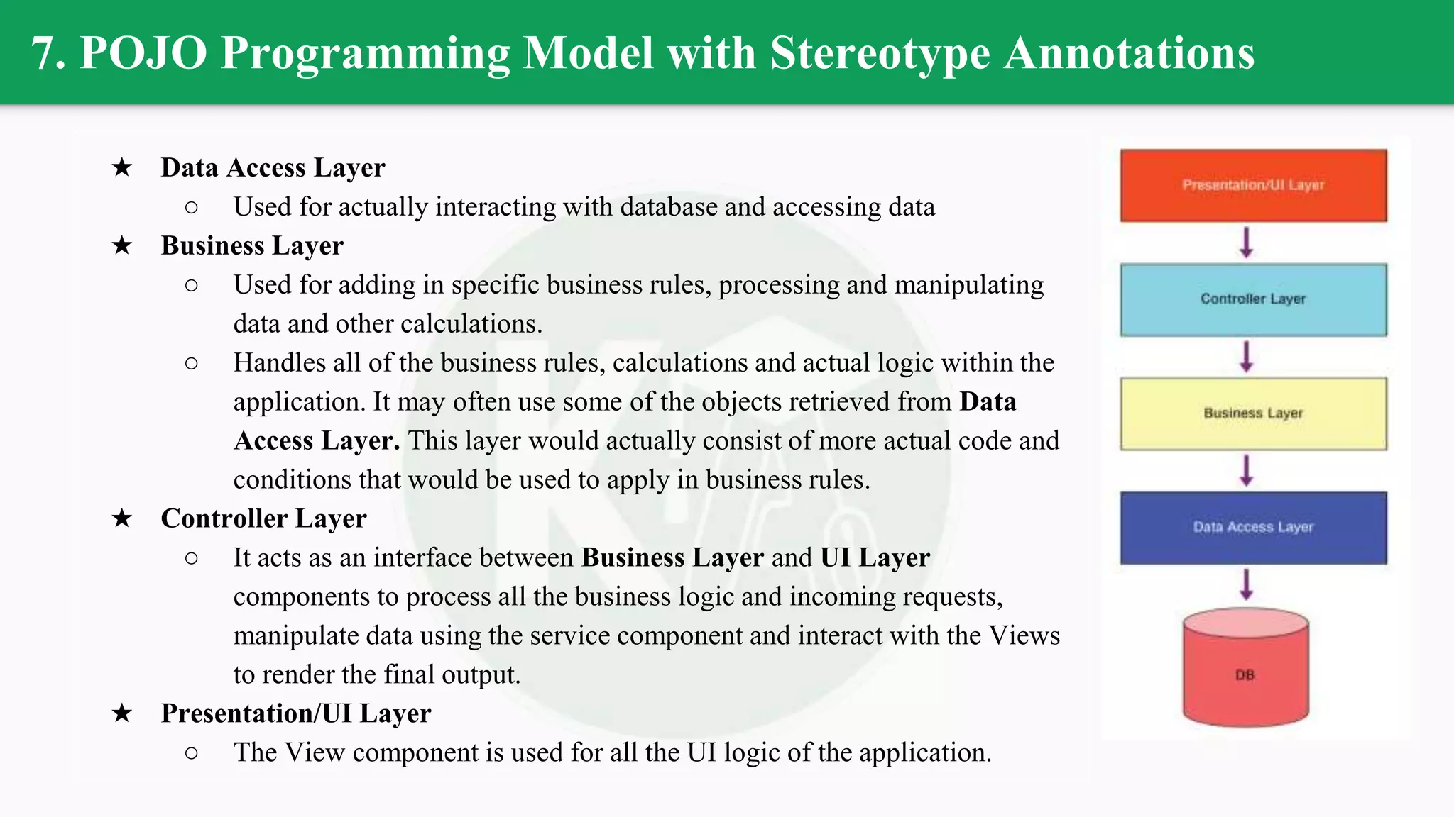 7. POJO Programming Model with Stereotype Annotations
★ Data Access Layer
○ Used for actually interacting with database and accessing data
★ Business Layer
○ Used for adding in specific business rules, processing and manipulating
data and other calculations.
○ Handles all of the business rules, calculations and actual logic within the
application. It may often use some of the objects retrieved from Data
Access Layer. This layer would actually consist of more actual code and
conditions that would be used to apply in business rules.
★ Controller Layer
○ It acts as an interface between Business Layer and UI Layer
components to process all the business logic and incoming requests,
manipulate data using the service component and interact with the Views
to render the final output.
★ Presentation/UI Layer
○ The View component is used for all the UI logic of the application.
 