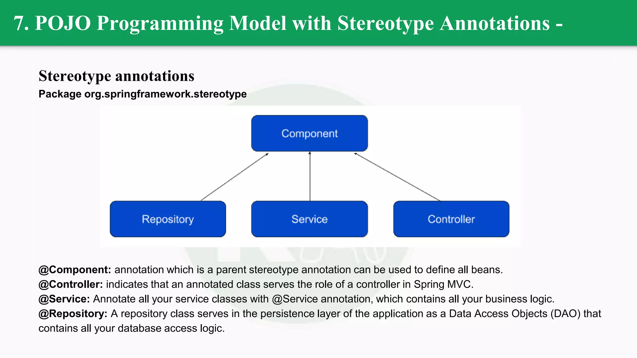 7. POJO Programming Model with Stereotype Annotations -
Stereotype annotations
Package org.springframework.stereotype
@Component: annotation which is a parent stereotype annotation can be used to define all beans.
@Controller: indicates that an annotated class serves the role of a controller in Spring MVC.
@Service: Annotate all your service classes with @Service annotation, which contains all your business logic.
@Repository: A repository class serves in the persistence layer of the application as a Data Access Objects (DAO) that
contains all your database access logic.
 