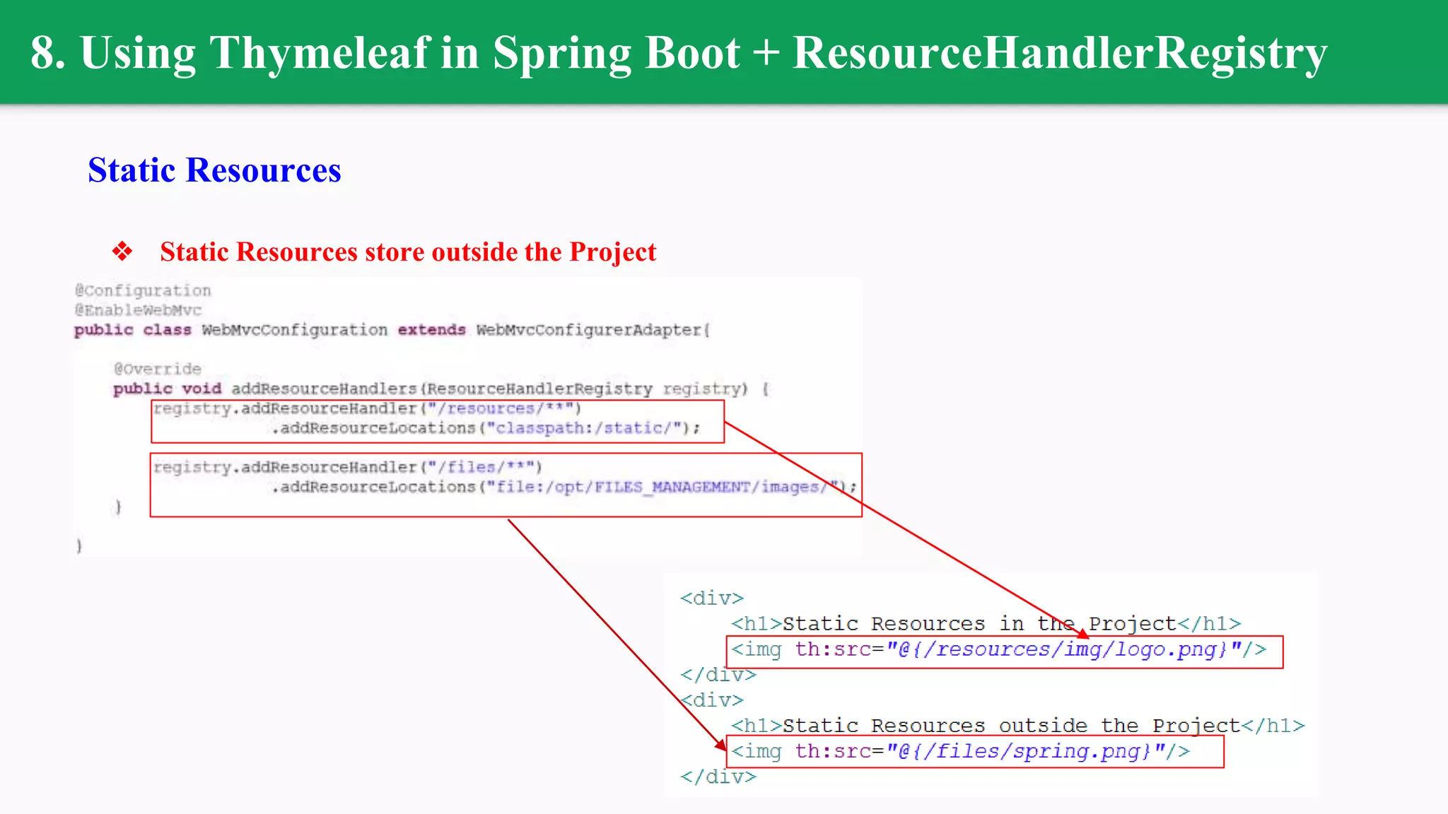 8. Using Thymeleaf in Spring Boot + ResourceHandlerRegistry
Static Resources
❖ Static Resources store outside the Project
 