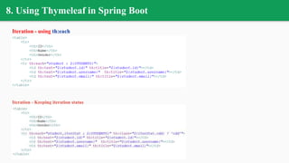 8. Using Thymeleaf in Spring Boot
Iteration - using th:each
Iteration
Iteration - Keeping iteration status
 