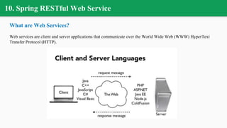 10. Spring RESTful Web Service
What are Web Services?
Web services are client and server applications that communicate over the World Wide Web (WWW) HyperText
Transfer Protocol (HTTP).
 