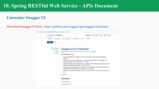 10. Spring RESTful Web Service - APIs Document
Customize Swagger UI
Download Swagger UI from: https://github.com/swagger-api/swagger-ui/releases
 