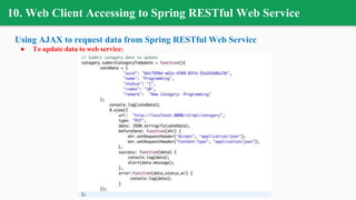 10. Web Client Accessing to Spring RESTful Web Service
Using AJAX to request data from Spring RESTful Web Service
● To update data to web service:
 