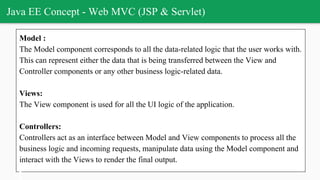 Java EE Concept - Web MVC (JSP & Servlet)
Model :
The Model component corresponds to all the data-related logic that the user works with.
This can represent either the data that is being transferred between the View and
Controller components or any other business logic-related data.
Views:
The View component is used for all the UI logic of the application.
Controllers:
Controllers act as an interface between Model and View components to process all the
business logic and incoming requests, manipulate data using the Model component and
interact with the Views to render the final output.
 
