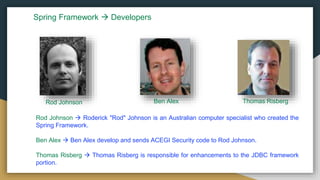 Rod Johnson Ben Alex Thomas Risberg
Rod Johnson  Roderick "Rod" Johnson is an Australian computer specialist who created the
Spring Framework.
Ben Alex  Ben Alex develop and sends ACEGI Security code to Rod Johnson.
Thomas Risberg  Thomas Risberg is responsible for enhancements to the JDBC framework
portion.
Spring Framework  Developers
 