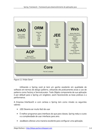 Spring Framework – Framework para desenvolvimento de aplicações java




Figura 1.1 Visão Geral


       Utilizando o Spring você já terá um ganho excelente em qualidade de
software em termos de design patterns, utilizando ele praticamente anula o uso de
patterns como Factory e ServiceLocator. Todo Objeto componente de sua aplicação
é por default para o Spring um singleton, assim favorecendo as boas práticas e a
performance.

A Empresa Interface21 e com certeza o Spring tem como missão os seguintes
valores:

   •   J2EE Deveria ser muito fácil de usar

   •   É melhor programar para interfaces do que para classes, Spring reduz o custo
       e a complexidade de usar interfaces para zero.

   •   JavaBeans oferece uma maneira excelente para configurar uma aplicação.


Diego Pacheco – http://diego-pacheco.blogspot.com                                     1-4
 