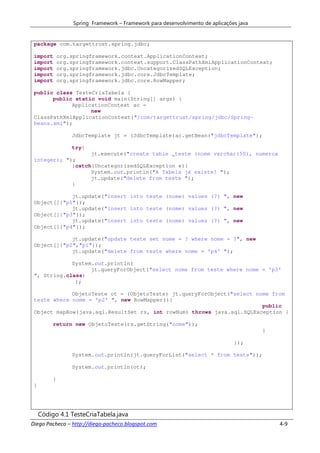 Spring Framework – Framework para desenvolvimento de aplicações java


 package com.targettrust.spring.jdbc;

 import       org.springframework.context.ApplicationContext;
 import       org.springframework.context.support.ClassPathXmlApplicationContext;
 import       org.springframework.jdbc.UncategorizedSQLException;
 import       org.springframework.jdbc.core.JdbcTemplate;
 import       org.springframework.jdbc.core.RowMapper;

 public class TesteCriaTabela {
       public static void main(String[] args) {
             ApplicationContext ac =
                   new
 ClassPathXmlApplicationContext("/com/targettrust/spring/jdbc/Spring-
 beans.xml");

                  JdbcTemplate jt = (JdbcTemplate)ac.getBean("jdbcTemplate");

                  try{
                   jt.execute("create table _teste (nome varchar(50), numerox
 integer); ");
             }catch(UncategorizedSQLException e){
                   System.out.println("A Tabela já existe! ");
                   jt.update("delete from teste ");
             }

             jt.update("insert into teste (nome) values (?) ", new
 Object[]{"p1"});
             jt.update("insert into teste (nome) values (?) ", new
 Object[]{"p3"});
             jt.update("insert into teste (nome) values (?) ", new
 Object[]{"p4"});

             jt.update("update teste set nome = ? where nome = ?", new
 Object[]{"p2","p1"});
             jt.update("delete from teste where nome = 'p4' ");

             System.out.println(
                   jt.queryForObject("select nome from teste where nome = 'p3'
 ", String.class)
              );

             ObjetoTeste ot = (ObjetoTeste) jt.queryForObject("select nome from
 teste where nome = 'p2' ", new RowMapper(){
                                                                        public
 Object mapRow(java.sql.ResultSet rs, int rowNum) throws java.sql.SQLException {

          return new ObjetoTeste(rs.getString("nome"));
                                                                                          }

                                                                                 });

                  System.out.println(jt.queryForList("select * from teste"));

                  System.out.println(ot);

          }
 }




     Código 4.1 TesteCriaTabela.java
Diego Pacheco – http://diego-pacheco.blogspot.com                                             4-9
 