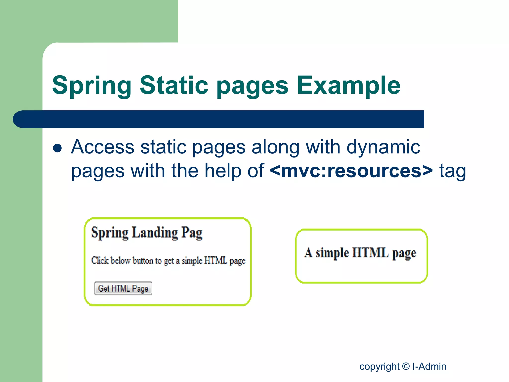 copyright © I-Admin
Spring Static pages Example
 Access static pages along with dynamic
pages with the help of <mvc:resources> tag
 