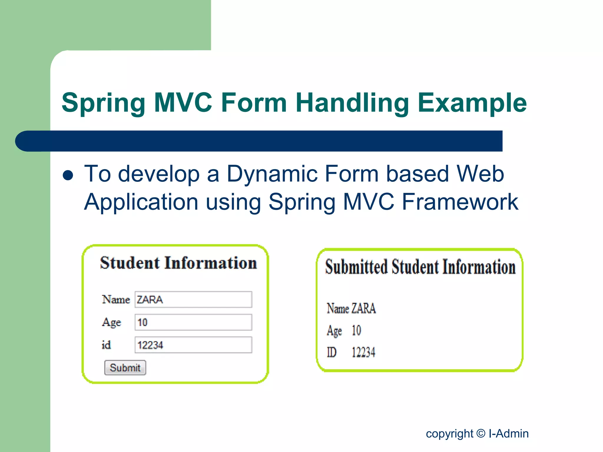 copyright © I-Admin
Spring MVC Form Handling Example
 To develop a Dynamic Form based Web
Application using Spring MVC Framework
 