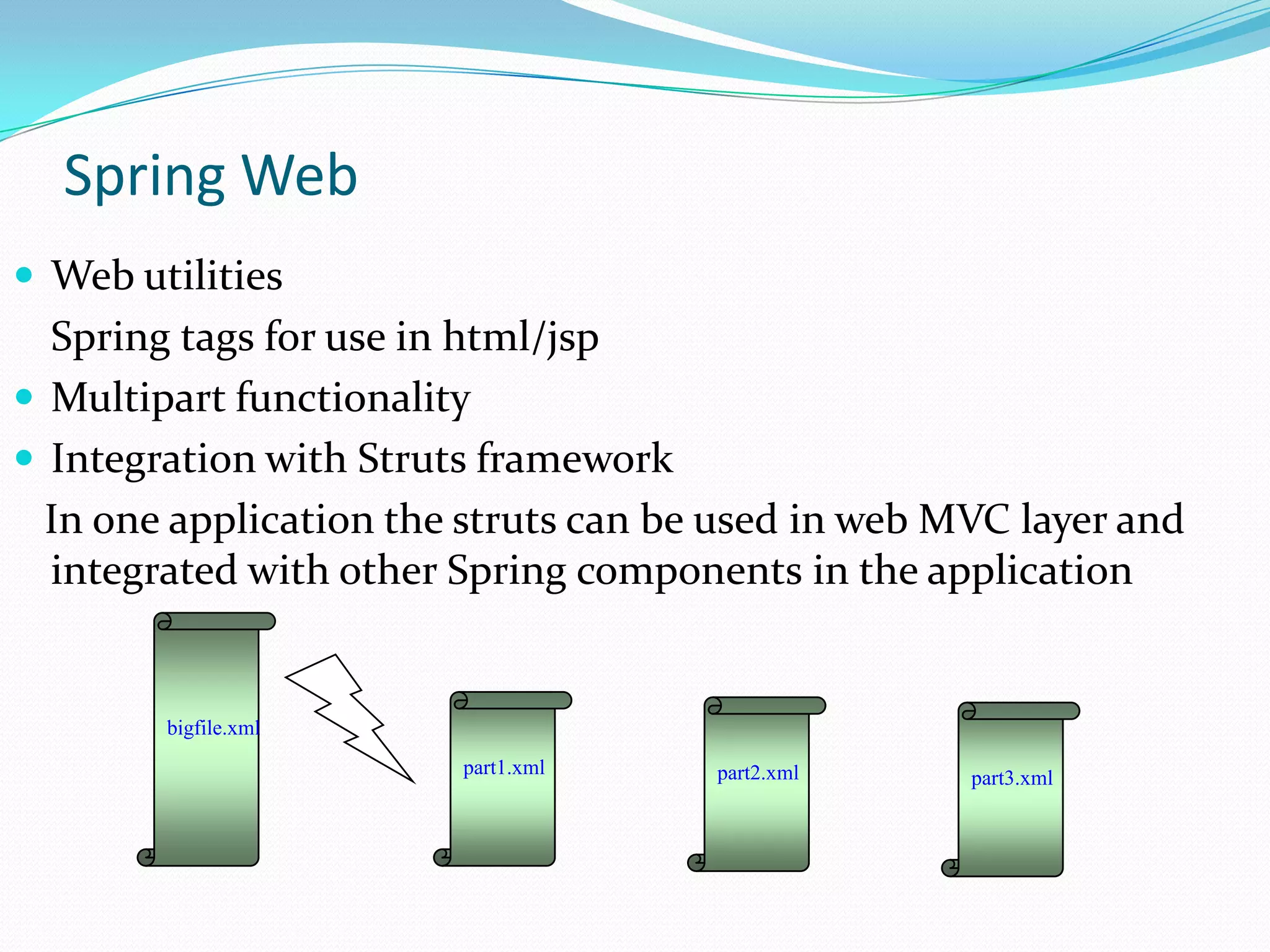 Spring Web
 Web utilities

Spring tags for use in html/jsp
 Multipart functionality
 Integration with Struts framework
In one application the struts can be used in web MVC layer and
integrated with other Spring components in the application

bigfile.xml
part1.xml

part2.xml

part3.xml

 