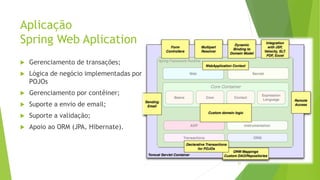 Aplicação
Spring Web Aplication
 Gerenciamento de transações;
 Lógica de negócio implementadas por
POJOs
 Gerenciamento por contêiner;
 Suporte a envio de email;
 Suporte a validação;
 Apoio ao ORM (JPA, Hibernate).
21
 