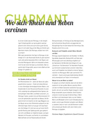 charmantWo sich Rhein und Reben
vereinen
Es ist kein Zufall, dass der Rheingau in den diesjäh-
rigen Frühjahrsgrüßen von spring gleich zweimal
genannt wird. Und es hat auch seinen guten Grund,
dass ich mich jeden Tag auf den Weg von Eltville nach
Mannheim mache: Den Rheingau verlässt man nicht
so einfach!
Mein ganz persönlicher Hot Spot im Rheingau ist der
Anleger 511 in der Rosenstadt Eltville. Es gibt natürlich
noch viele weitere besondere Orte in der Region und
als echte Rheingauerin fällt es mir besonders schwer,
mich für den einen Hot Spot zu entscheiden. Aber es
spricht doch Einiges dafür, warum meine Wahl auf den
Anleger 511 gefallen ist.
Ein Paradies direkt am Wasser
Am Rheinkilometer 511 – daher der Name der außer-
gewöhnlichen Location – findet sich dieses Kleinod
in einer ehemaligen denkmalgeschützten Warte- und
Schalterhalle für den Personenschiffsverkehr. Es sind
nicht unbedingt die außergewöhnlichen Speisen, die
die Ausflügler neben Wein und Reben ansonsten „ins
Rheingau“ locken, sondern hier am Rheinkilometer 511
ist es die spektakuläre Lage direkt am Wasser. Die Ge-
gend erinnert ein bisschen an den Lago Maggiore, wo
die Häuser wie an einer Perlenkette aufgereiht an der
Uferküste liegen. Doch es muss gar nicht das Tessin
sein. Am Anleger 511 sitzt man wie auf einem Schiff,
genießt Riesling oder Spätburgunder, ganz gebannt
von Licht und Wasser an möglichst langen, sonnigen
Abenden mit Freunden und Familie. In unmittelbarer
Nähe befindet sich die Platanenallee der Eltviller
Rheinpromenade, im Hintergrund das Abendpanorama
der Kurfürstlichen Burg Eltville und gegenüber die
Königsklinger Aue mit dem bekannten Herrenhaus. Das
Paradies scheint hier so nah.
Bratwurst und Frikadelle anstatt Weck, Worscht
und Woi
Rheingau typische Spezereien wie Handkäs´ mit Musik,
Spundekäs, Vesperteller, Bratkartoffel und Sülze oder
Winzersuppe sucht man allerdings vergebens auf
der Speisekarte. Die Betreiber des Anlegers 511, das
„Consortium 11te Generation“ für besondere Produkte
aus heimischer Landwirtschaft, servieren neben Brat-
wurst und Frikadellen eine Vielzahl an kleinen Speisen,
natürlich mit Rheingauer Wein oder sommerlich Pri-
ckelndem – Haute cuisine ganz bodenständig. Bestellt
wird unkompliziert am Tresen im Innenbereich.
Warum ist es am Rhein so schön?
En passant, so einfach nebenbei, lässt sich der kleine
Landstrich mit den großen Weinen zwischen Rhein
und den mit Reben bestockten westlichen Taunusaus-
läufern, die sich von sanften Hügeln langsam in steile
Berge verwandeln, kaum entdecken. Seine Existenz
verdankt er einem launigen Einfall der Natur: Wenn
der Rhein nicht beschlossen hätte, vor den Städten
Mainz und Wiesbaden seinen sturen Geradeauslauf zu
ändern und ein paar Kilometer seitwärts nach Westen
zu wandern, bevor er nach rund 40 Kilometern wieder
schnurstracks gen Norden zieht, dann hätte es den
Rheingau nie gegeben.
Christiane Nägler, Projektleiterin Zukunft Personal
Mein persönlicher Hot Spot:
Anleger 511 in Eltville
 
