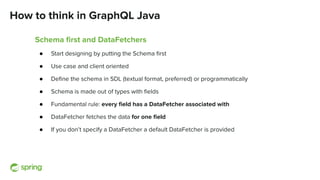 How to think in GraphQL Java
Schema ﬁrst and DataFetchers
● Start designing by putting the Schema ﬁrst
● Use case and client oriented
● Deﬁne the schema in SDL (textual format, preferred) or programmatically
● Schema is made out of types with ﬁelds
● Fundamental rule: every ﬁeld has a DataFetcher associated with
● DataFetcher fetches the data for one ﬁeld
● If you don’t specify a DataFetcher a default DataFetcher is provided
 