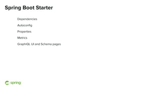 Spring Boot Starter
Dependencies
Autoconﬁg
Properties
Metrics
GraphiQL UI and Schema pages
 
