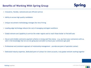 Benefits of Working With Spring Group

• Innovative, flexible, tailored and cost-efficient service


• Ability to access high quality candidates


• Unique recruitment methodology manages the risk of hiring


• Leading edge technology reduces the cost of managing contingent workforce


• Global network and capability to service the wider regions and to reach those harder to find skill-sets


• Secure and reliable contractor payment scheme or strong cash flow status – e.g. you have your contractors with us,
  safe in the knowledge that we are not going bust and able to ensure your contractors get paid


• Professional and consistent approach of relationship management – provide one point of specialist contact


• Dedicated industry expertise, dedicated point of contact for client accounts, truly global network working together
 