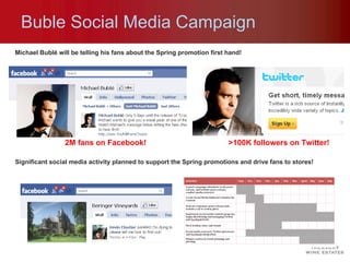 Buble Social Media Campaign Michael Bublé will be telling his fans about the Spring promotion first hand! 2M fans on Facebook! >100K followers on Twitter! Significant social media activity planned to support the Spring promotions and drive fans to stores! 