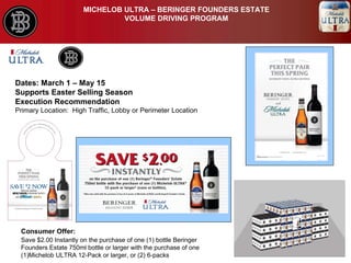MICHELOB ULTRA – BERINGER FOUNDERS ESTATE VOLUME DRIVING PROGRAM  Dates: March 1 – May 15 Supports Easter Selling Season Execution Recommendation Primary Location:  High Traffic, Lobby or Perimeter Location   Consumer Offer: Save $2.00 Instantly on the purchase of one (1) bottle Beringer Founders Estate 750ml bottle or larger with the purchase of one (1)Michelob ULTRA 12-Pack or larger, or (2) 6-packs  