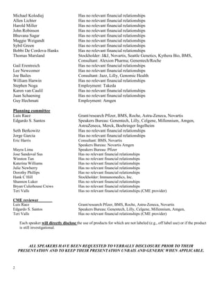 2
Michael Kolodiej Has no relevant financial relationships
Allen Lichter Has no relevant financial relationships
Harold Miller Has no relevant financial relationships
John Robinson Has no relevant financial relationships
Bhuvana Sagar Has no relevant financial relationships
Maggie Weigandt Has no relevant financial relationships
Sybil Green Has no relevant financial relationships
Bobbi De Cordova-Hanks Has no relevant financial relationships
Thomas Marsland Stockholder: J&J, Novartis, Seattle Genetics, Kythera Bio, BMS,
Consultant: Alexion Pharma; Genentech/Roche
Gail Erentreich Has no relevant financial relationships
Lee Newcomer Has no relevant financial relationships
Joe Bailes Consultant: Jazz, Lilly, Genomic Health
William Harwin Has no relevant financial relationships
Stephen Noga Employment: Takeda
Karen van Caulil Has no relevant financial relationships
Juan Schaening Has no relevant financial relationships
Guy Hechmati Employment: Amgen
Planning committee
Luis Raez Grant/research Pfizer, BMS, Roche, Astra-Zeneca, Novartis
Edgardo S. Santos Speakers Bureau: Genentech, Lilly, Celgene, Millennium, Amgen,
AstraZeneca, Merck, Boehringer Ingelheim
Seth Berkowitz Has no relevant financial relationships
Jorge Garcia Has no relevant financial relationships
Eric Harris Consultant: BMS, Novartis
Speakers Bureau: Novartis Amgen
Mayra Lima Speakers Bureau: Pfizer
Jose Sandoval Sus Has no relevant financial relationships
Winston Tan Has no relevant financial relationships
Katerina Williams Has no relevant financial relationships
Julie Newberry Has no relevant financial relationships
Dorothy Phillips Has no relevant financial relationships
Hank C Hill Stockholder: Immunomedics, Inc.
Shannon Luker Has no relevant financial relationships
Bryan Culerhouse Crews Has no relevant financial relationships
Teri Valls Has no relevant financial relationships (CME provider)
CME reviewer
Luis Raez Grant/research Pfizer, BMS, Roche, Astra-Zeneca, Novartis
Edgardo S. Santos Speakers Bureau: Genentech, Lilly, Celgene, Millennium, Amgen,
Teri Valls Has no relevant financial relationships (CME provider)
Each speaker will directly disclose the use of products for which are not labeled (e.g., off label use) or if the product
is still investigational.
ALL SPEAKERS HAVE BEEN REQUESTED TO VERBALLY DISCLOSURE PRIOR TO THEIR
PRESENTATION AND TO KEEP THEIR PRESENTATION UNBAIS AND GENERIC WHEN APPLICABLE.
 