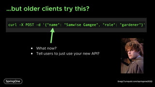GregLTurnquist.com/springone2020
…but older clients try this?
6
● What now?
● Tell users to just use your new API?
 