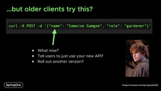 GregLTurnquist.com/springone2020
…but older clients try this?
6
● What now?
● Tell users to just use your new API?
● Roll out another version?
 