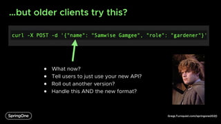 GregLTurnquist.com/springone2020
…but older clients try this?
6
● What now?
● Tell users to just use your new API?
● Roll out another version?
● Handle this AND the new format?
 