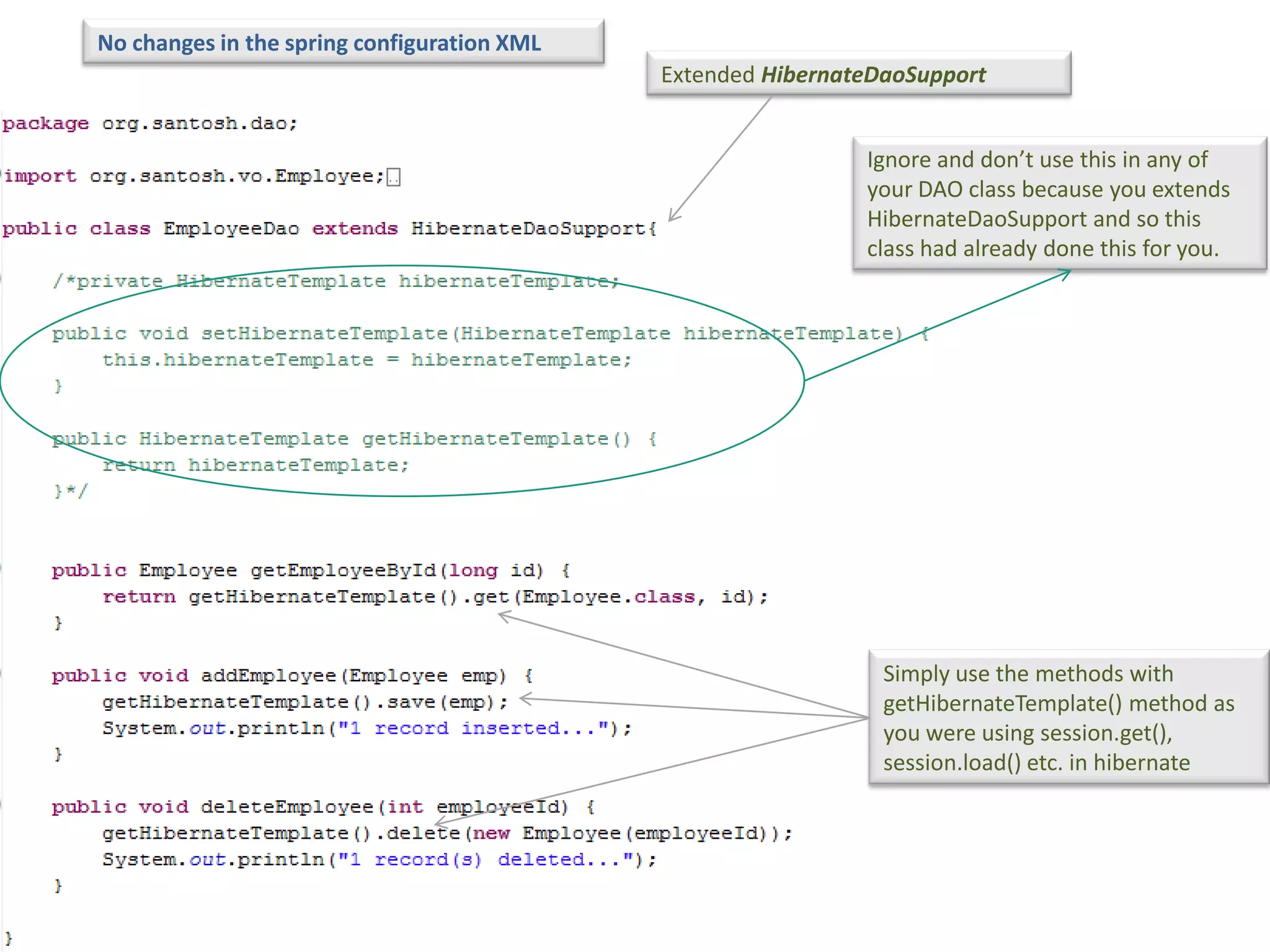 No changes in the spring configuration XML
                                             Extended HibernateDaoSupport


                                                              Ignore and don’t use this in any of
                                                              your DAO class because you extends
                                                              HibernateDaoSupport and so this
                                                              class had already done this for you.




                                                                Simply use the methods with
                                                                getHibernateTemplate() method as
                                                                you were using session.get(),
                                                                session.load() etc. in hibernate
 
