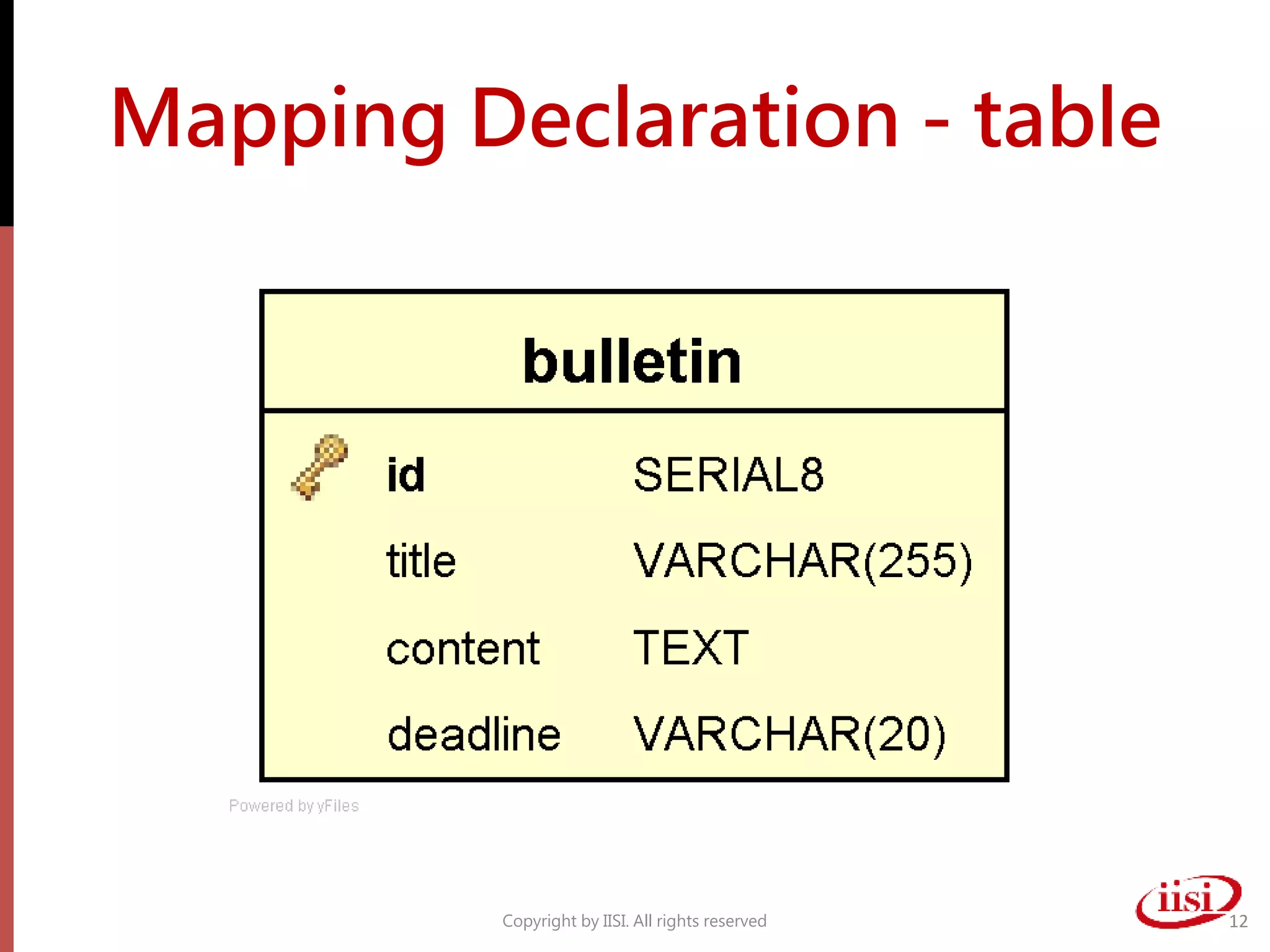 Mapping Declaration - table
Copyright by IISI. All rights reserved 12
 