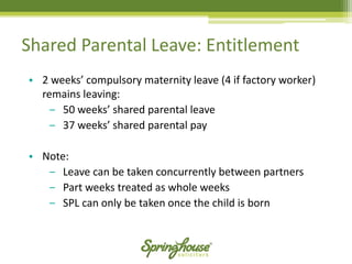 Shared Parental Leave: Entitlement 
•2 weeks’ compulsory maternity leave (4 if factory worker) remains leaving: 
‒50 weeks’ shared parental leave 
‒37 weeks’ shared parental pay 
•Note: 
‒Leave can be taken concurrently between partners 
‒Part weeks treated as whole weeks 
‒SPL can only be taken once the child is born  