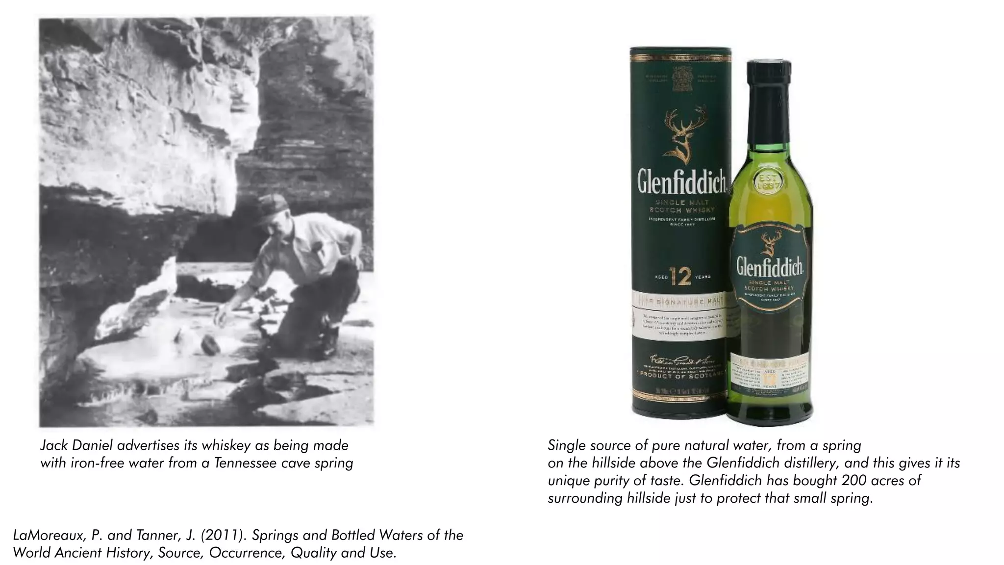 Jack Daniel advertises its whiskey as being made
with iron-free water from a Tennessee cave spring
Single source of pure natural water, from a spring
on the hillside above the Glenfiddich distillery, and this gives it its
unique purity of taste. Glenfiddich has bought 200 acres of
surrounding hillside just to protect that small spring.
LaMoreaux, P. and Tanner, J. (2011). Springs and Bottled Waters of the
World Ancient History, Source, Occurrence, Quality and Use.
 