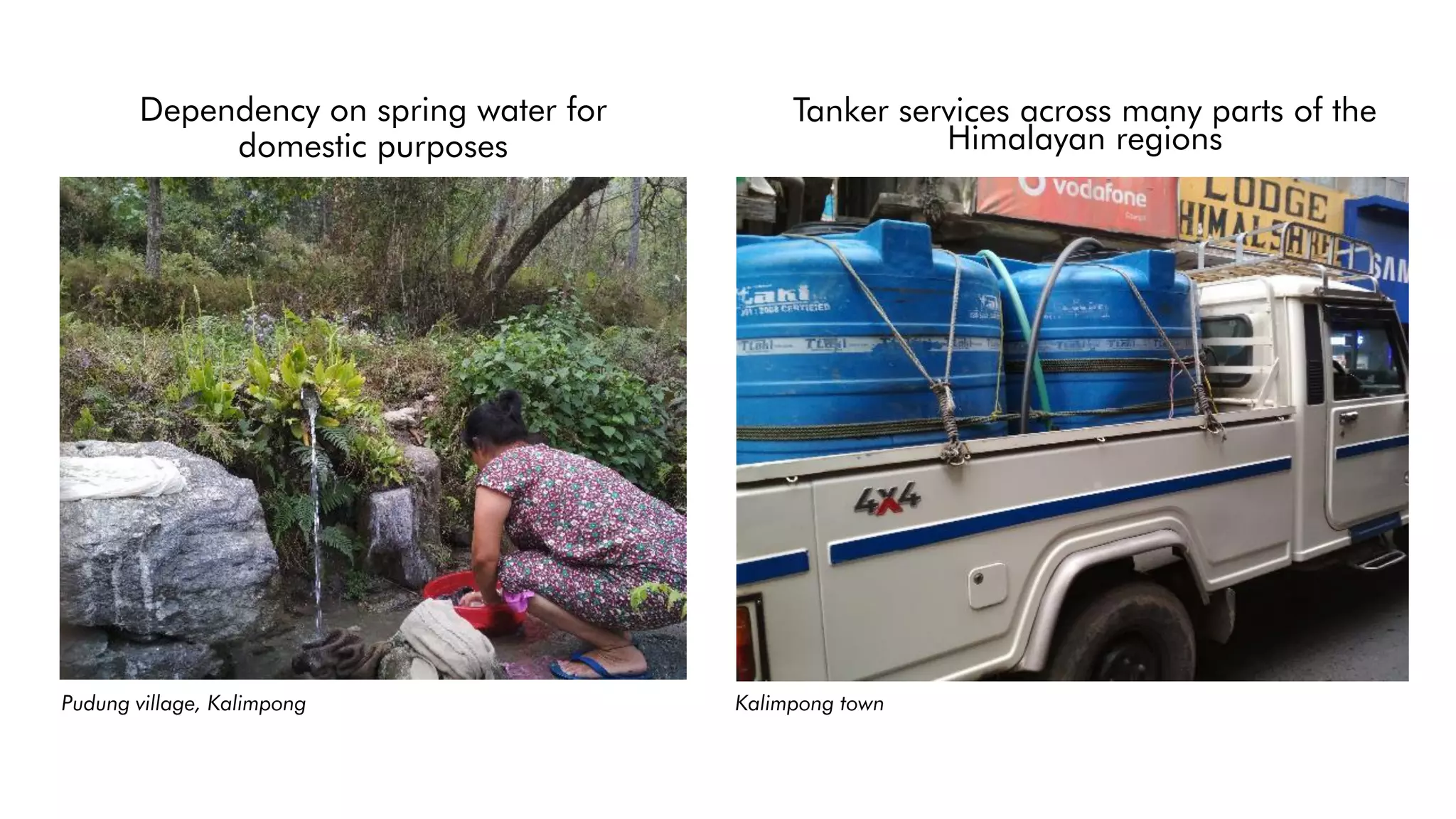 Dependency on spring water for
domestic purposes
Tanker services across many parts of the
Himalayan regions
Pudung village, Kalimpong Kalimpong town
 