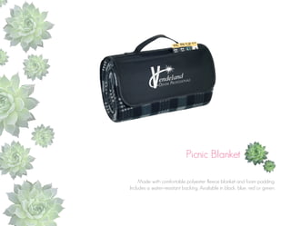 Picnic Blanket
Made with comfortable polyester fleece blanket and foam padding.
Includes a water-resistant backing. Available in black, blue, red or green.

 