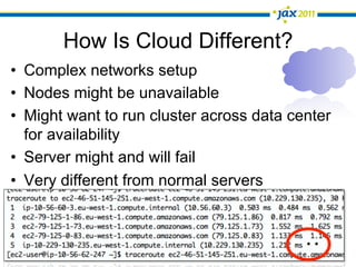 How Is Cloud Different?
•  Complex networks setup
•  Nodes might be unavailable
•  Might want to run cluster across data center
   for availability
•  Server might and will fail
•  Very different from normal servers
 