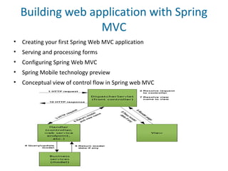 Building web application with Spring
MVC
• Creating your first Spring Web MVC application
• Serving and processing forms
• Configuring Spring Web MVC
• Spring Mobile technology preview
• Conceptual view of control flow in Spring web MVC
 