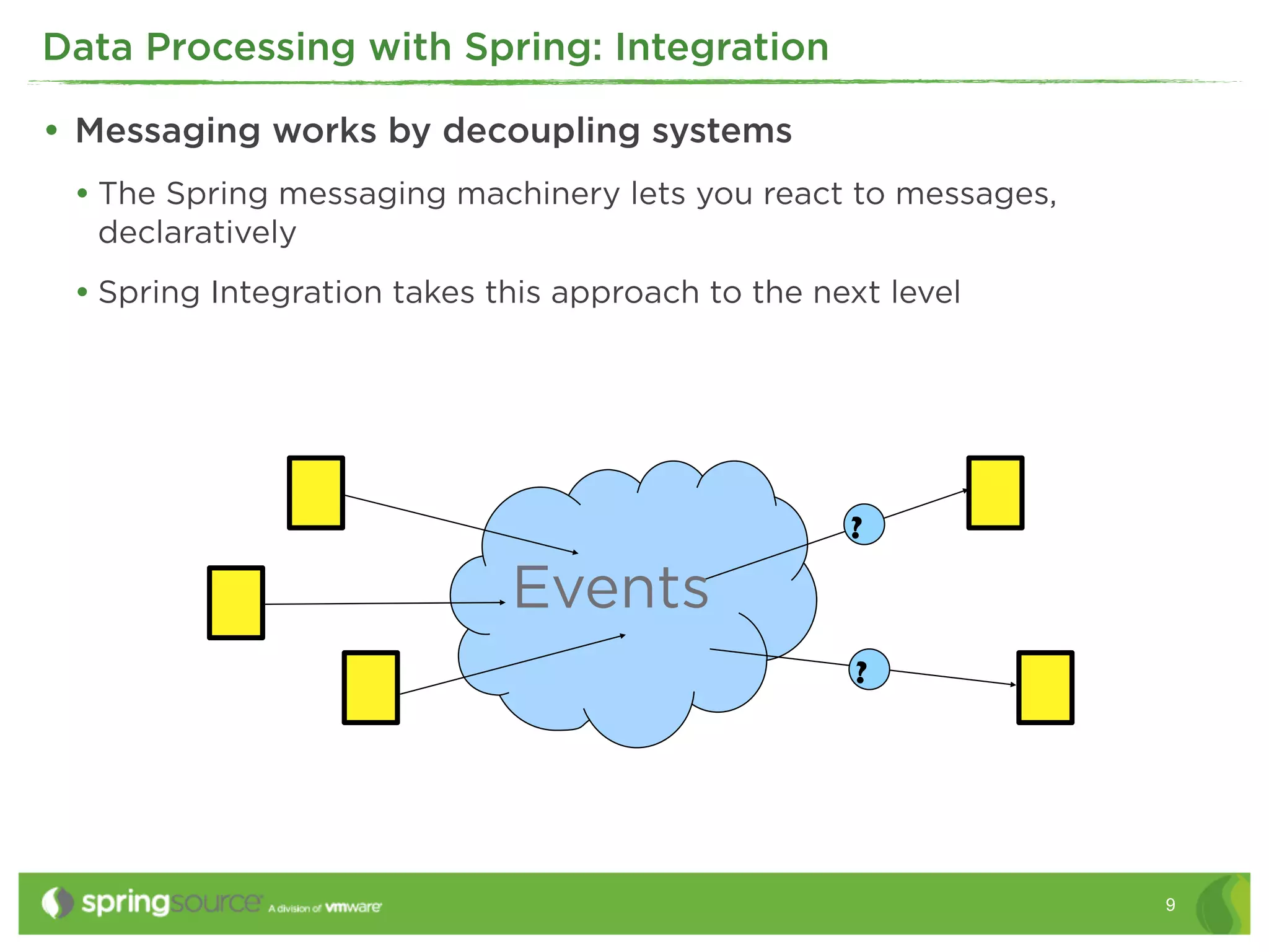 Data Processing with Spring: Integration

• Messaging works by decoupling systems
 • The Spring messaging machinery lets you react to messages,
  declaratively
 • Spring Integration takes this approach to the next level




                                                   ?

                             Events
                                                    ?




                                                                9
 