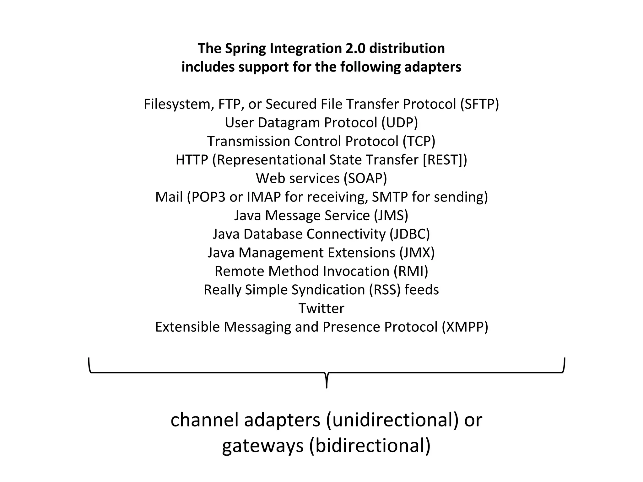 The Spring Integration 2.0 distribution
includes support for the following adapters
Filesystem, FTP, or Secured File Transfer Protocol (SFTP)
User Datagram Protocol (UDP)
Transmission Control Protocol (TCP)
HTTP (Representational State Transfer [REST])
Web services (SOAP)
Mail (POP3 or IMAP for receiving, SMTP for sending)
Java Message Service (JMS)
Java Database Connectivity (JDBC)
Java Management Extensions (JMX)
Remote Method Invocation (RMI)
Really Simple Syndication (RSS) feeds
Twitter
Extensible Messaging and Presence Protocol (XMPP)
channel adapters (unidirectional) or
gateways (bidirectional)
 
