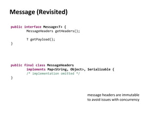 Message (Revisited)
public interface Message<T> {
MessageHeaders getHeaders();
T getPayload();
}
public final class MessageHeaders
implements Map<String, Object>, Serializable {
/* implementation omitted */
}
message headers are immutable
to avoid issues with concurrency
 