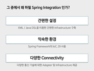 그 중에서 왜 하필 Spring Integration 인가?
다양한 통신 기술에 대한 Adapter 및 Infrastructure 제공
XML / Java DSL을 이용한 간편한 Infrastructure 구축
Spri...