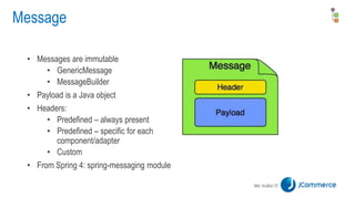 Message
• Messages are immutable
• GenericMessage
• MessageBuilder
• Payload is a Java object
• Headers:
• Predefined – always present
• Predefined – specific for each
component/adapter
• Custom
• From Spring 4: spring-messaging module
 