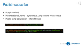 Publish-subscribe
• Multiple receivers
• PublishSubscribeChannel – synchronous, using sender’s thread, default
• Parallel using TaskExecutor – different threads
<int:publish-subscribe-channel id="synchronousChannel"/>
<int:publish-subscribe-channel id="asynchronousChannel" task-executor="taskExecutor"/>
<task:executor id="taskExecutor" pool-size="10"/>
 