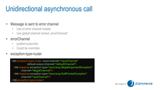 Unidirectional asynchronous call
• Message is sent to error channel
• Use of error channel header
• Use global channel named „errorChannel”
• errorChannel
• publish-subscribe
• Could be overriden
• exception-type-router
<int:exception-type-router input-channel="inputChannel"
default-output-channel="defaultChannel">
<int:mapping exception-type="java.lang.IllegalArgumentException"
channel="illegalChannel"/>
<int:mapping exception-type="java.lang.NullPointerException"
channel="npeChannel"/>
</int:exception-type-router>
 