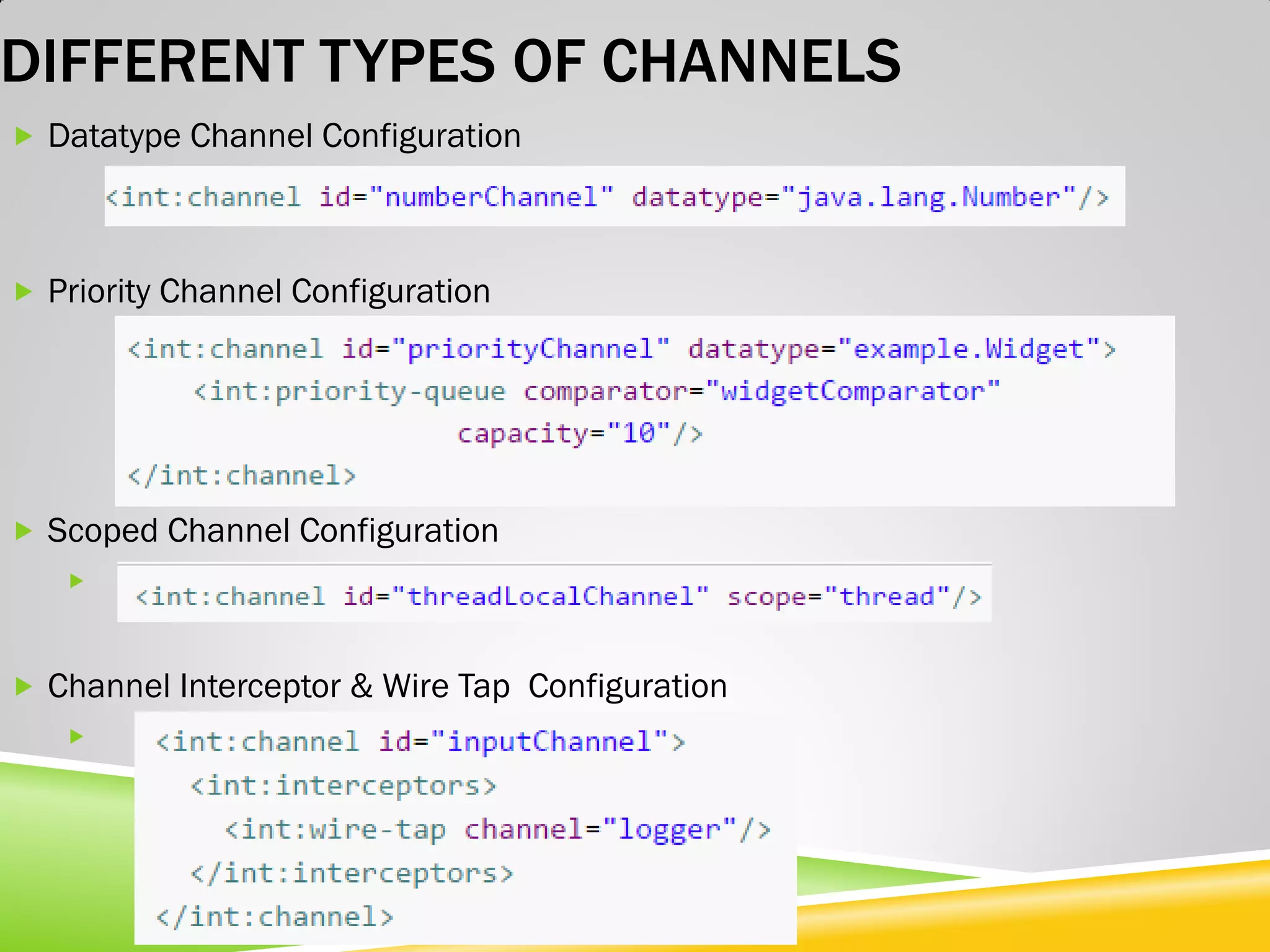 DIFFERENT TYPES OF CHANNELS  Datatype Channel Configuration  Priority Channel Configuration  Scoped Channel Configuration   Channel Interceptor & Wire Tap Configuration  