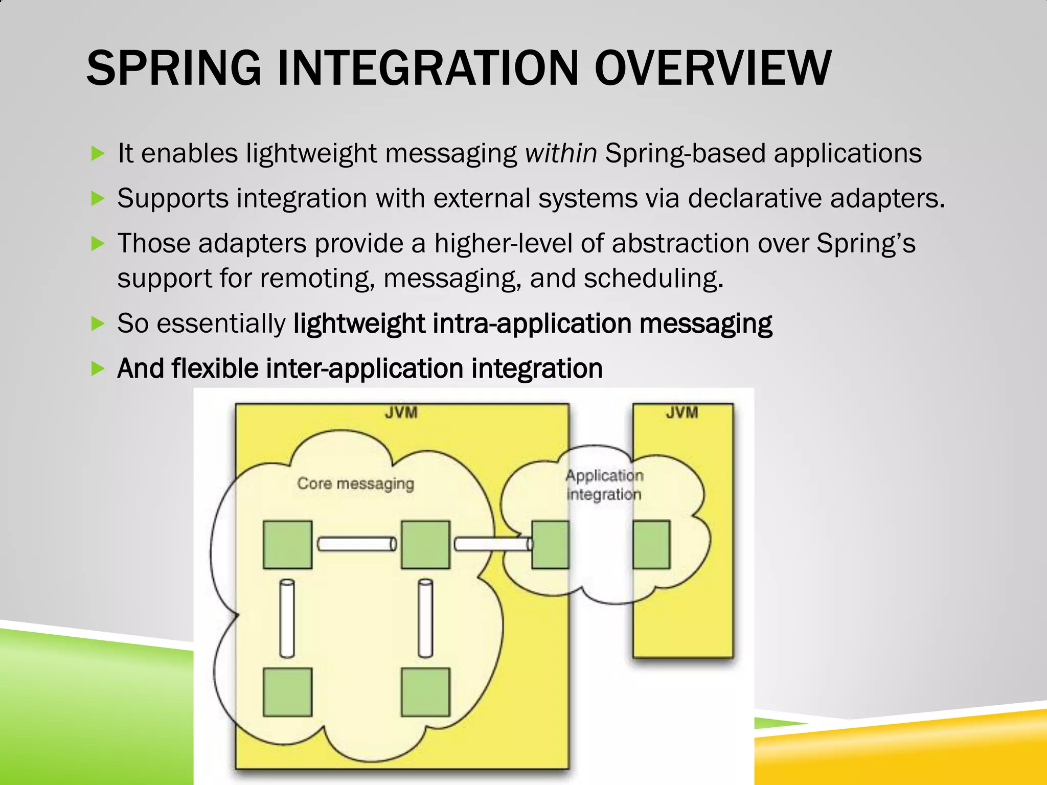 SPRING INTEGRATION OVERVIEW  It enables lightweight messaging within Spring-based applications  Supports integration with external systems via declarative adapters.  Those adapters provide a higher-level of abstraction over Spring’s support for remoting, messaging, and scheduling.  So essentially lightweight intra-application messaging  And flexible inter-application integration 