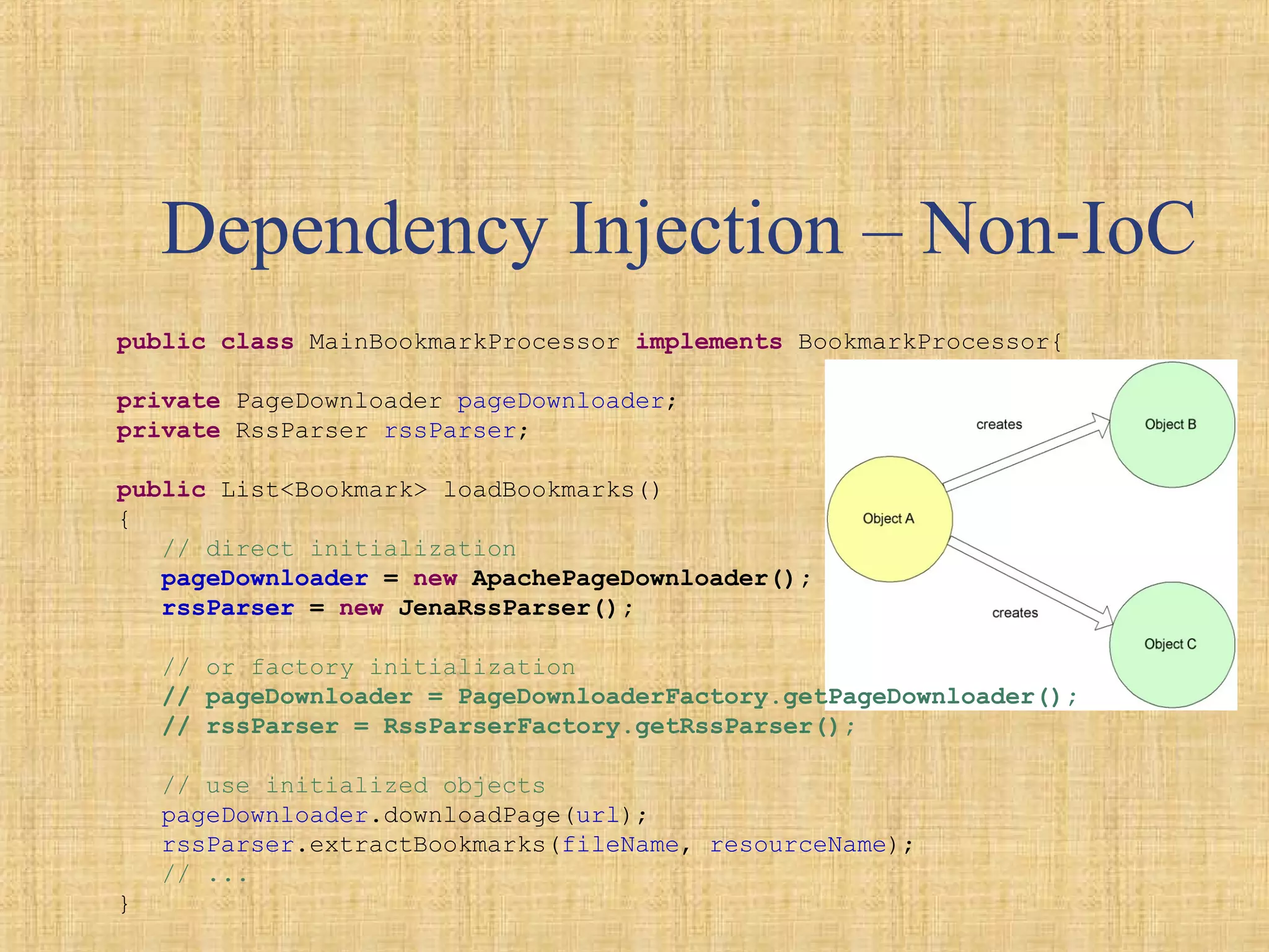 Dependency Injection – Non-IoC
public class MainBookmarkProcessor implements BookmarkProcessor{
private PageDownloader pageDownloader;
private RssParser rssParser;
public List<Bookmark> loadBookmarks()
{
// direct initialization
pageDownloader = new ApachePageDownloader();
rssParser = new JenaRssParser();
// or factory initialization
// pageDownloader = PageDownloaderFactory.getPageDownloader();
// rssParser = RssParserFactory.getRssParser();
// use initialized objects
pageDownloader.downloadPage(url);
rssParser.extractBookmarks(fileName, resourceName);
// ...
}
 